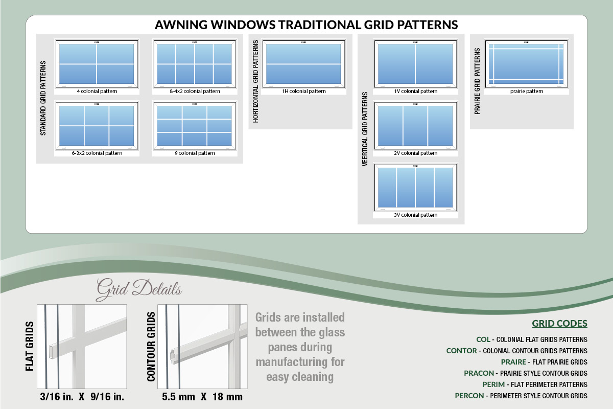 Awning windows traditional grid patterns, grid details, and grid codes