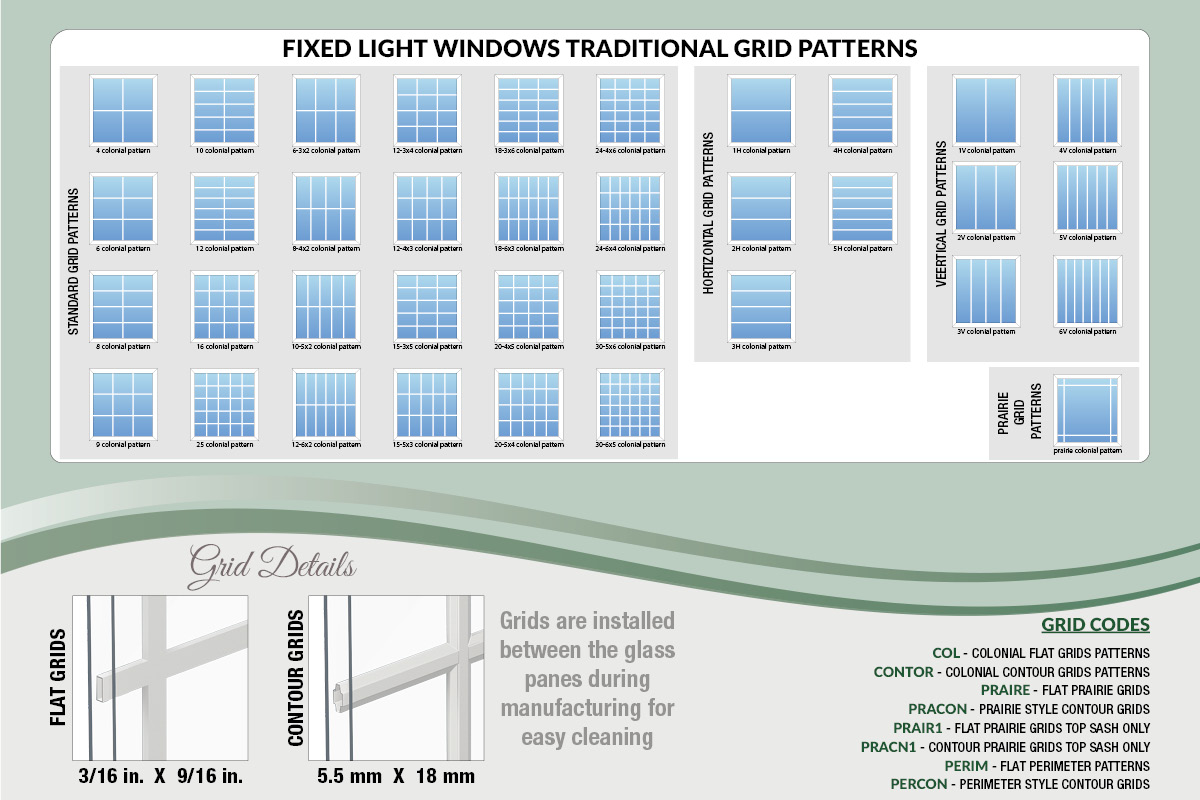 Fixed lite windows traditional grid patterns and grid details